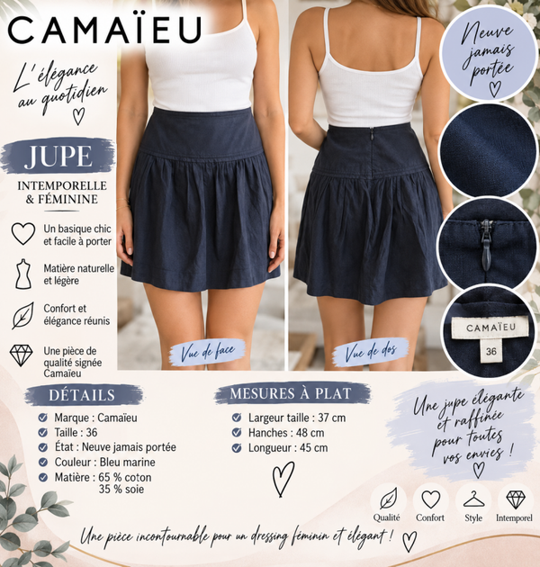 Jupe Camaïeu bleu marine taille 36 – Coton & soie – Neuve ✨