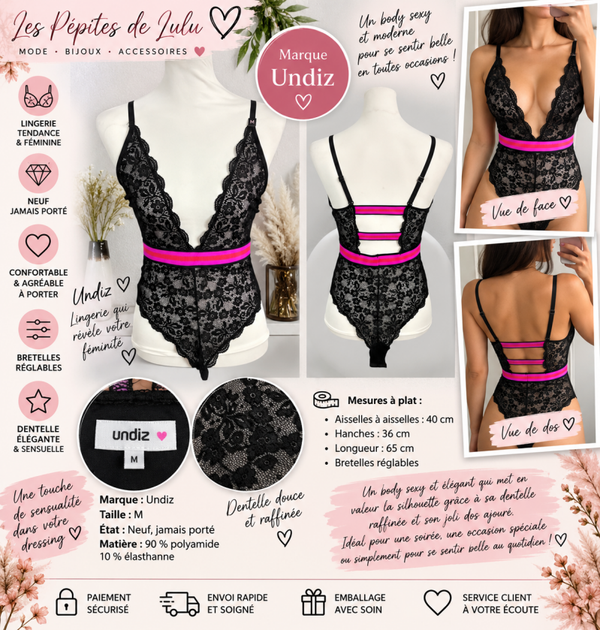 Body dentelle Undiz noir & rose – Taille M – Neuf