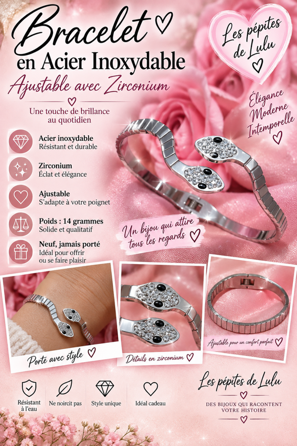 🐍✨ Bracelet serpent en acier inoxydable avec zirconiums – Ajustable