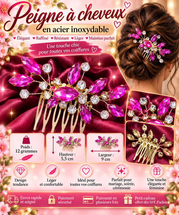 💖 Peigne à cheveux doré en acier inoxydable – Strass rose fuchsia ✨