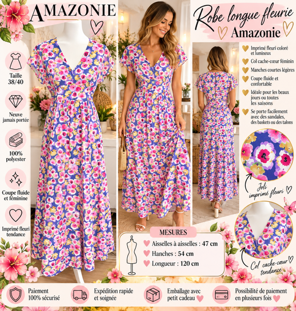 🌸 Robe longue fleurie Amazonie – Taille 38/40 – Neuve 🌸