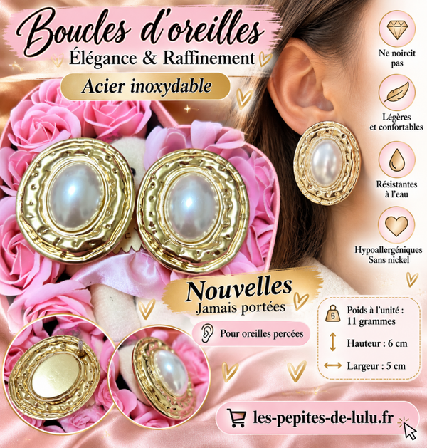 Boucles d’oreilles ovales dorées en acier inoxydable – Effet perlé – Neuves jamais portées