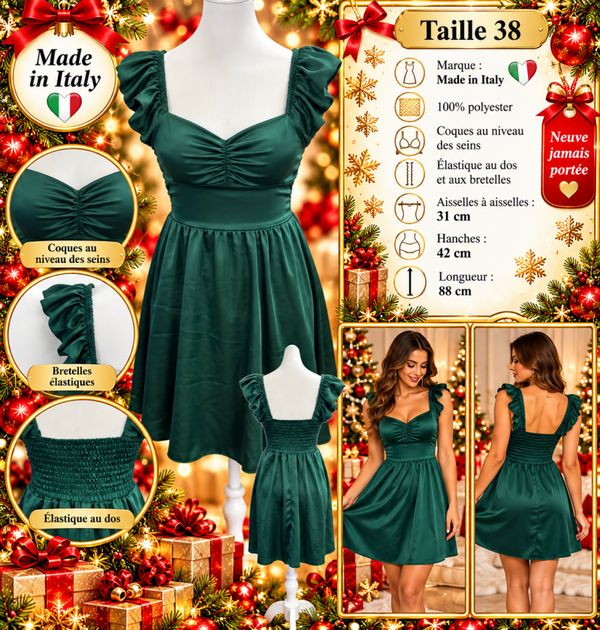 💚 Robe courte vert émeraude femme Made in Italy taille 38 – Satinée, dos élastique – Neuve