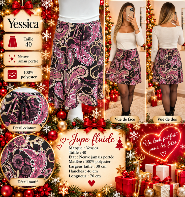 🌸 Jupe femme Yessica – Taille 40 – Neuve jamais portée – Imprimé cachemire rose et noir