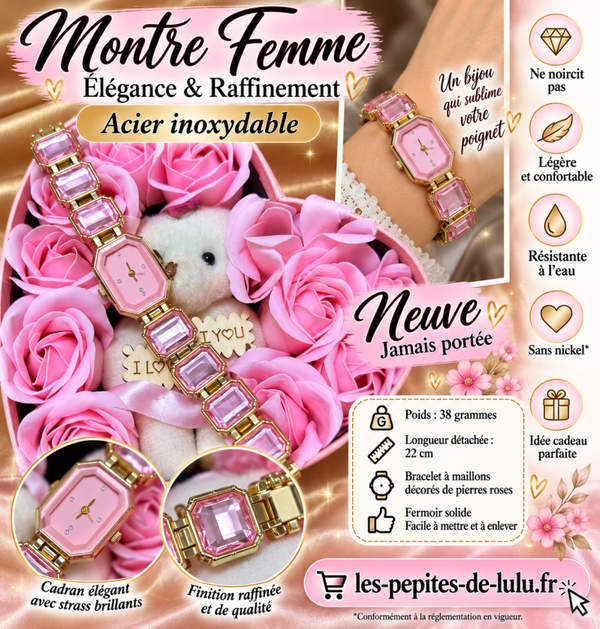 💖 Montre femme dorée en acier inoxydable – Cadran rose et pierres roses – Neuve jamais portée