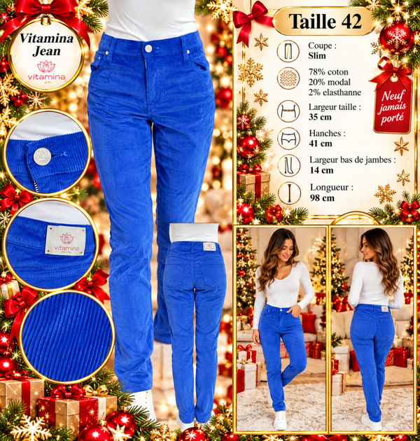 💙 Jean femme Vitamina Jean taille 42 – Slim bleu électrique en velours côtelé – Neuf