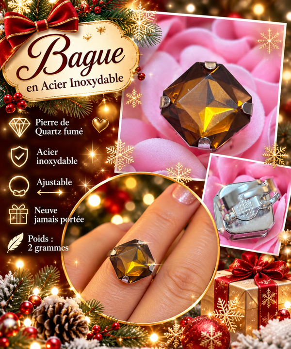 💍 Bague ajustable en acier inoxydable – Quartz fumé – Neuve