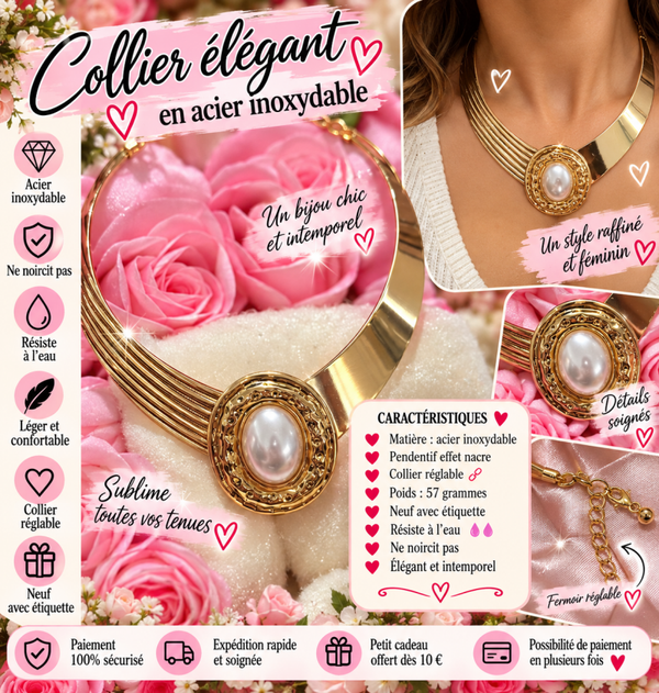✨ Collier femme doré en acier inoxydable – pendentif effet nacré – réglable ✨