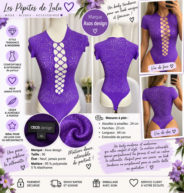Body femme ASOS Design violet ajouré – Taille 36 – Neuf