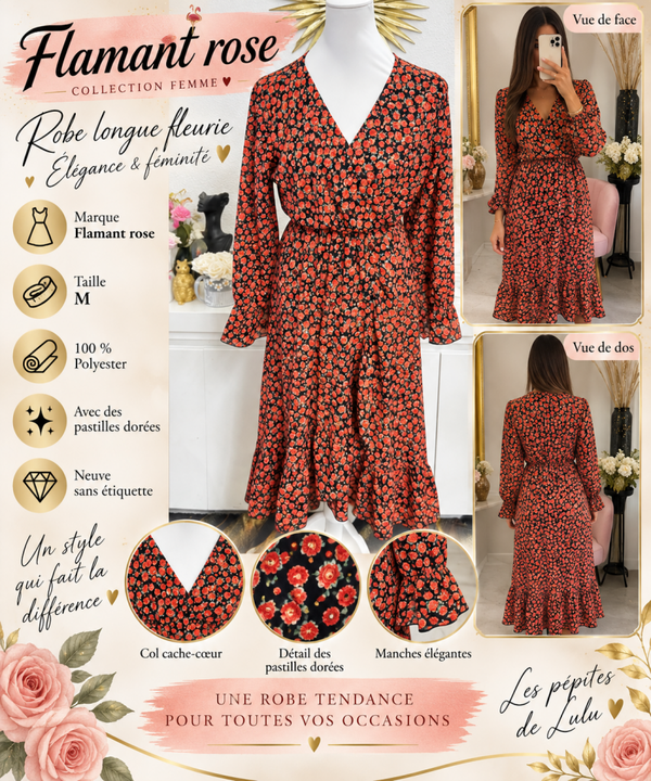 🌹Robe longue fleurie Flamant Rose - Taille M - Neuve