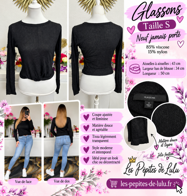 🖤 Blouse femme noire manches longues – Glassons – Taille S – Neuve jamais portée