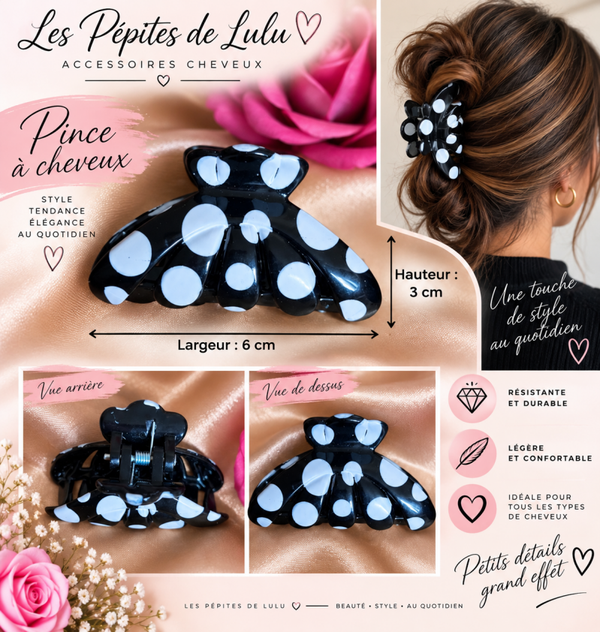 🖤 Pince à cheveux noire à pois blancs – 6 cm – Accessoire cheveux femme