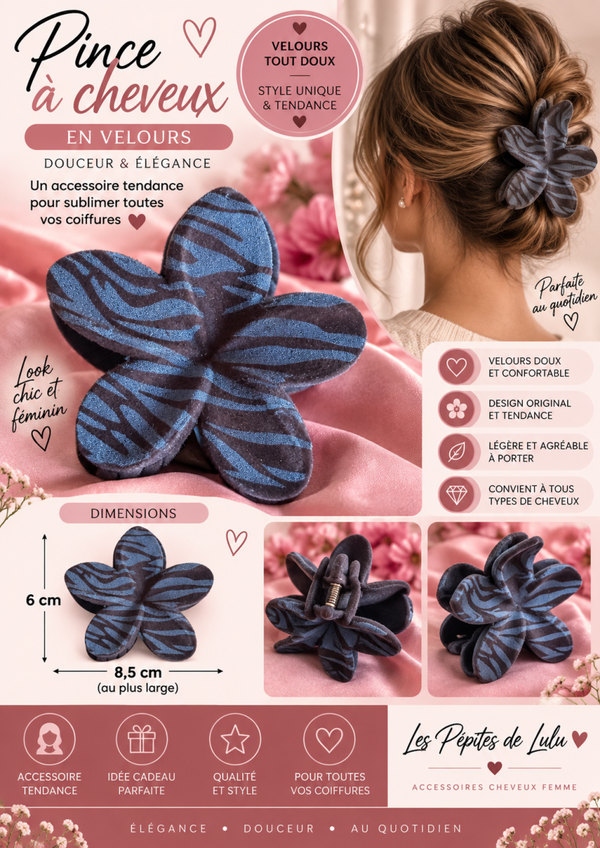 🌸 Pince à cheveux fleur en velours – Motif zébré – 8,5 cm