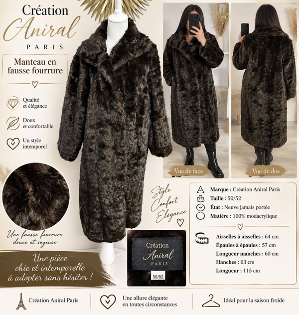 🖤 Manteau long effet fourrure Création Aniral Paris – Taille 50/52 – Neuf