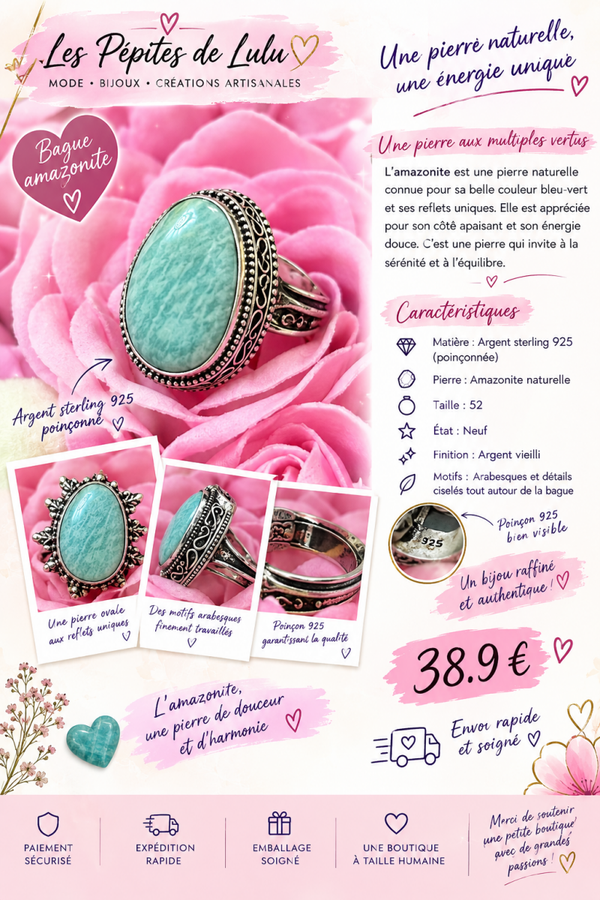 Bague en argent sterling 925 avec pierre amazonite poinçonnée