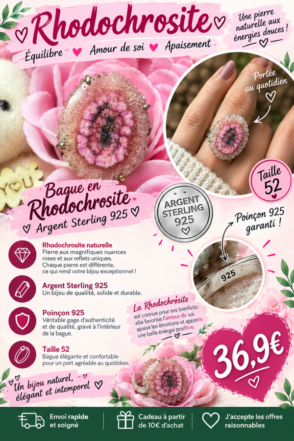 Bague Rhodochrosite en argent, sterling, 925