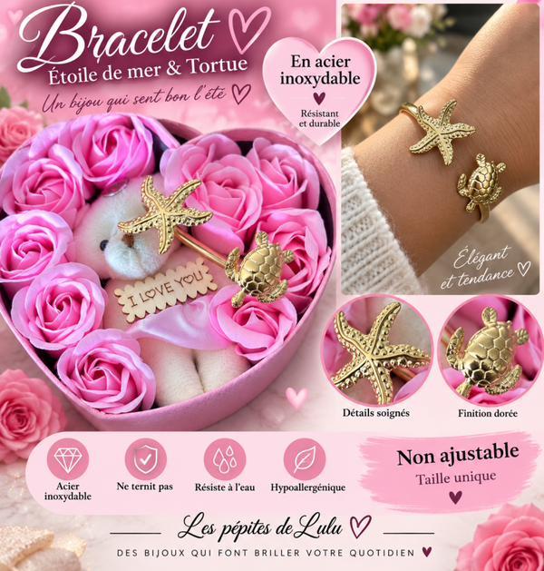 🌊 Bracelet étoile de mer et tortue acier inoxydable doré🌟