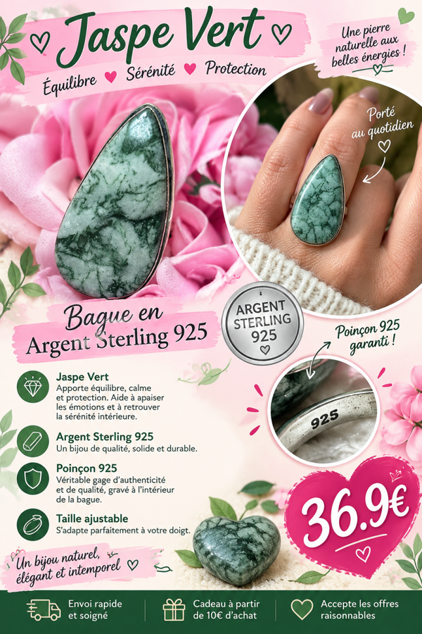 Bague, jaspe, vert, argent, sterling, 925