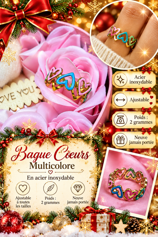 Bague femme cœurs multicolores en acier inoxydable – Ajustable – Dorée, rose et bleu