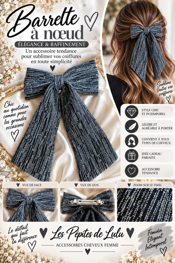 🎀 Barrette à nœud noire & argentée – Élégante et scintillante