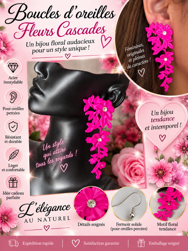 🌺 boucles d’oreilles fleurs cascades rose fuchsia