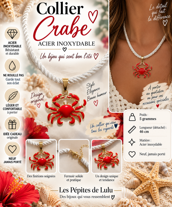 🦀 Collier Crabe rouge en acier inoxydable – Neuf