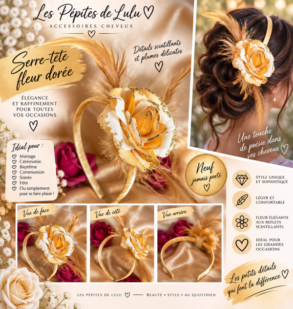 ✨ Serre-tête fleur dorée avec plumes – Accessoire cheveux femme cérémonie
