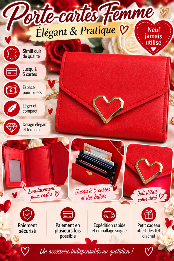 ❤️ Porte-cartes Femme Rouge en Simili Cuir – Neuf