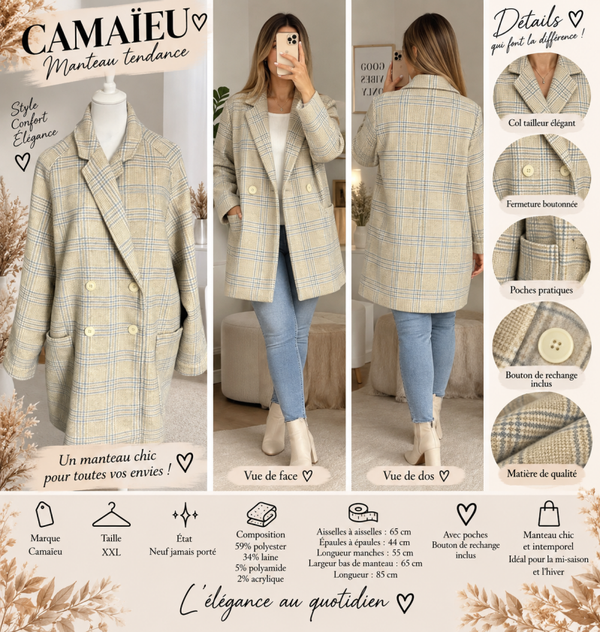 🤍 Manteau Camaïeu à carreaux – Taille XXL – Neuf