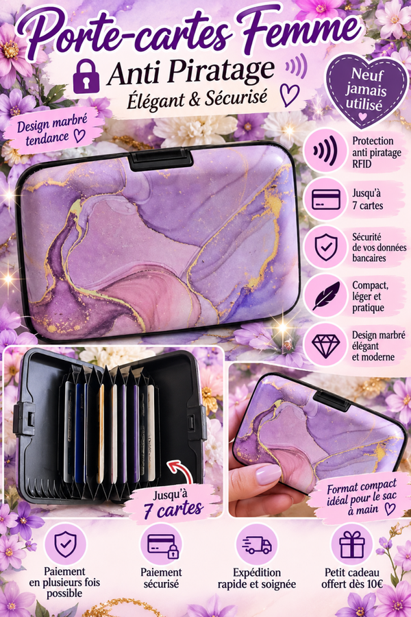 🔐 Porte-cartes Femme Anti-piratage – Motif Marbré Violet – Neuf