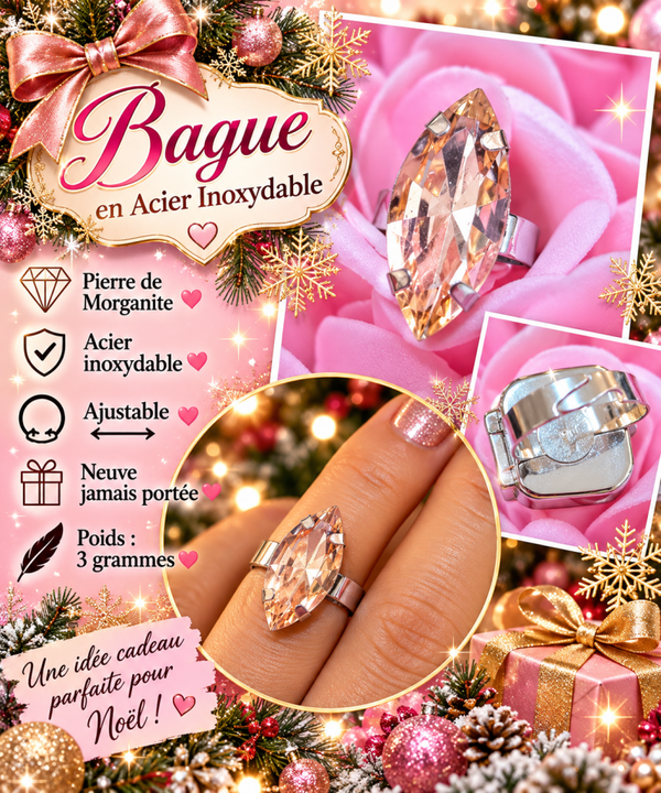 💍 Magnifique bague ajustable en acier inoxydable – Pierre Morganite – Neuve