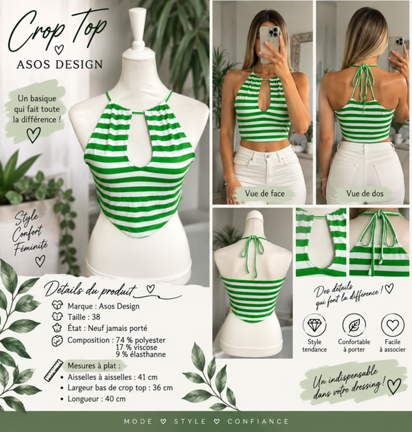 💚 Crop top ASOS Design rayé – Taille 38 – Neuf
