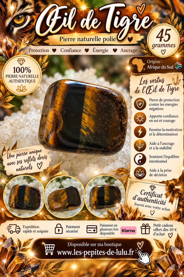 🐯 Œil de tigre naturel poli – 45 g – Origine Afrique du Sud