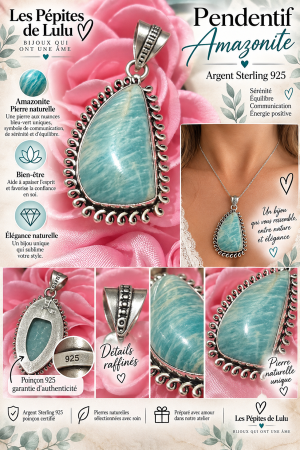 🩵Pendentif amazonite naturelle en argent sterling 925 🩵