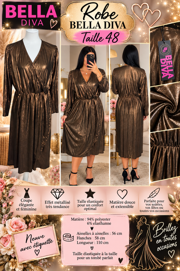 ✨ Robe métallisée Bella Diva – Taille 48 – Neuve avec étiquette ✨