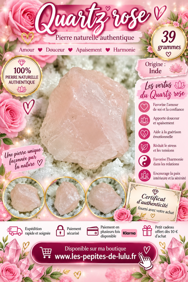 🌸 Quartz rose brut naturel 39 g – Origine Inde 💎