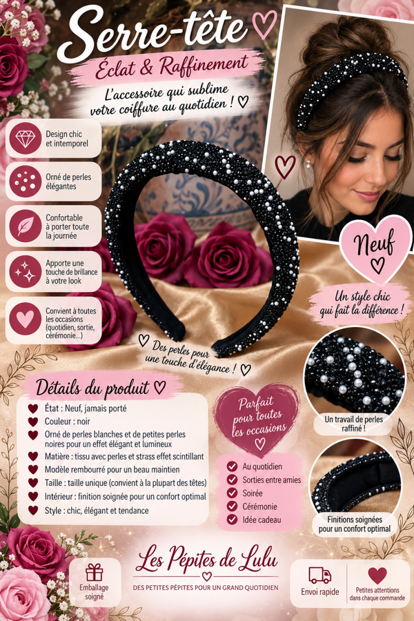 ✨ Serre-tête noir à perles blanches et détails scintillants – Neuf ✨