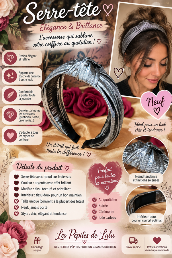 ✨ Serre-tête argenté brillant à nœud – Neuf
