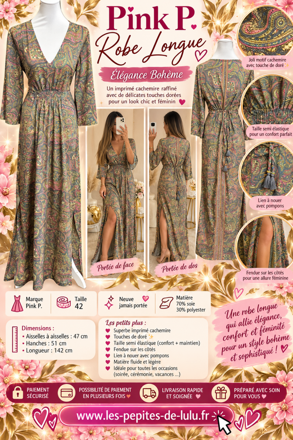 🌸 Robe longue femme Pink P. – Taille 42 – 70 % soie – Imprimé cachemire ✨