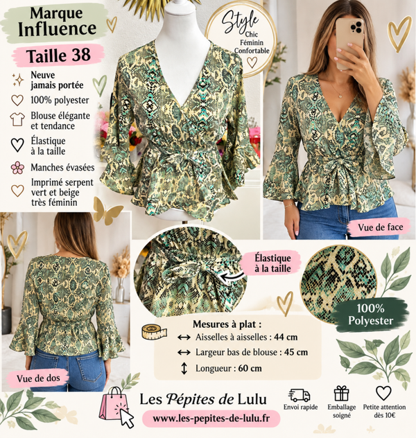 🌸 Blouse femme Influence – Taille 38 – Neuve – Imprimé python vert et beige