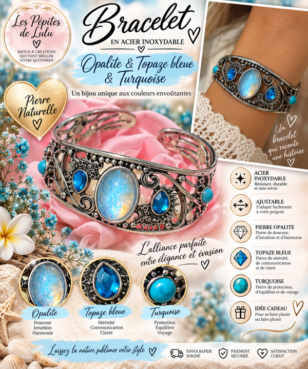 💙 Bracelet opalite topaze bleue et turquoise en acier inoxydable