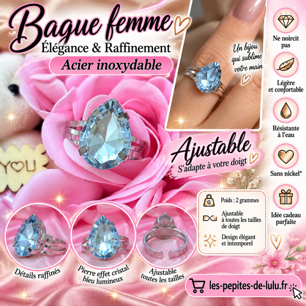 💎 Bague femme ajustable en acier inoxydable – Pierre bleu ciel en forme de goutte – Neuve jamais portée