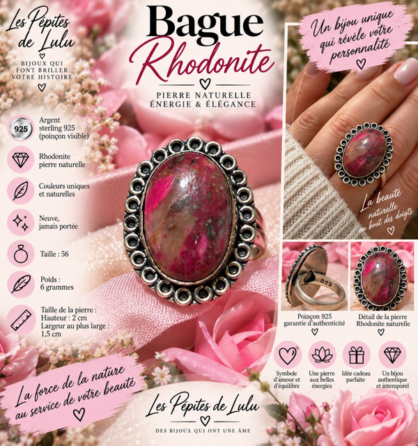 Bague Rhodonite naturelle – Argent Sterling 925 poinçonné – Taille 56 💗