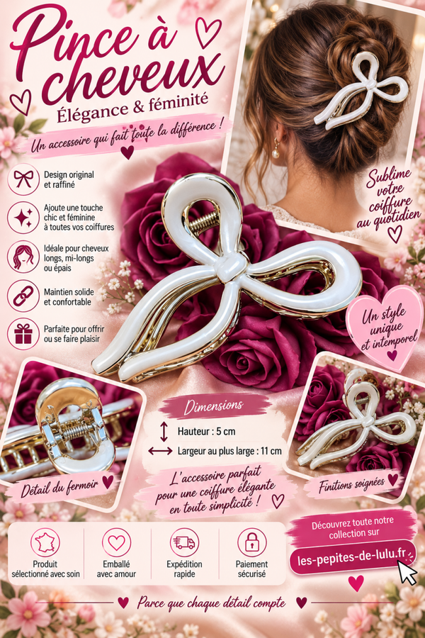🎀 PINCE À CHEVEUX NŒUD BLANC & DORÉ – CHIC & ÉLÉGANTE ✨