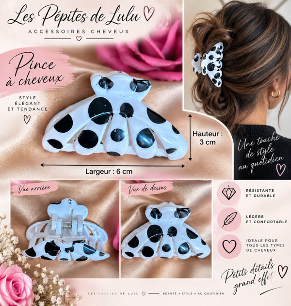 🤍 Pince à cheveux blanche à pois noirs – 6 cm – Accessoire cheveux femme