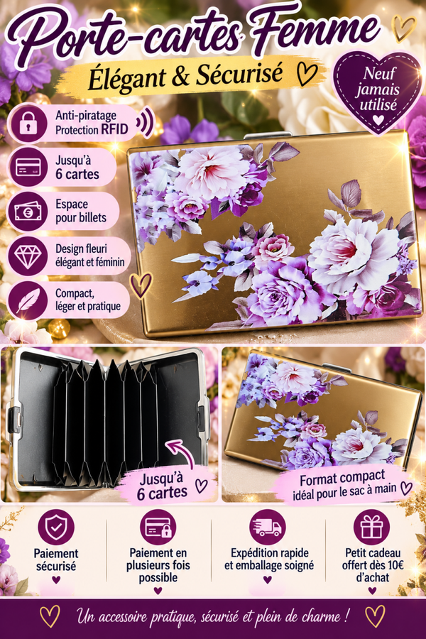 🌸 Porte-cartes Femme Anti-piratage RFID – Floral Doré – Neuf