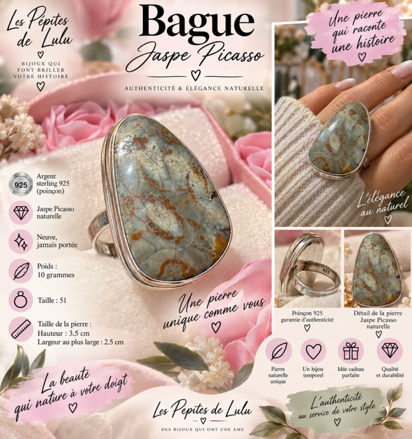 Bague Jaspe Picasso naturel – Argent Sterling 925 – Taille 51