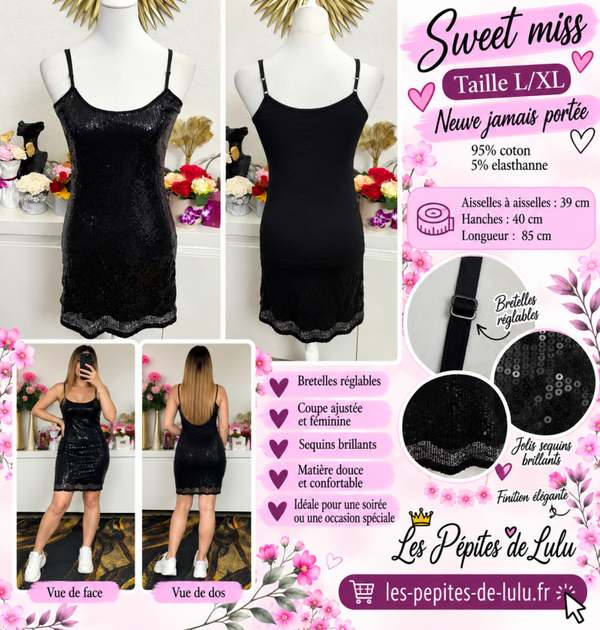 🖤 Robe courte noire à sequins Sweet Miss – Taille L/XL – Neuve jamais portée