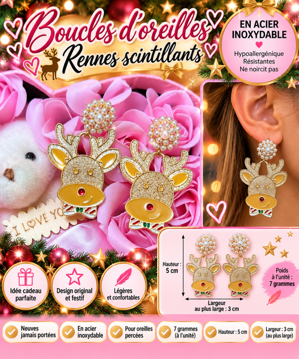 🎄 Boucles d’oreilles Rennes de Noël scintillants – Doré & perles ✨