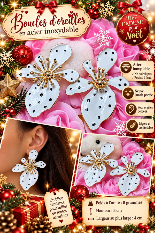🌸 Boucles d’oreilles fleurs blanches à pois noirs en acier inoxydable doré – Bijoux femme élégants